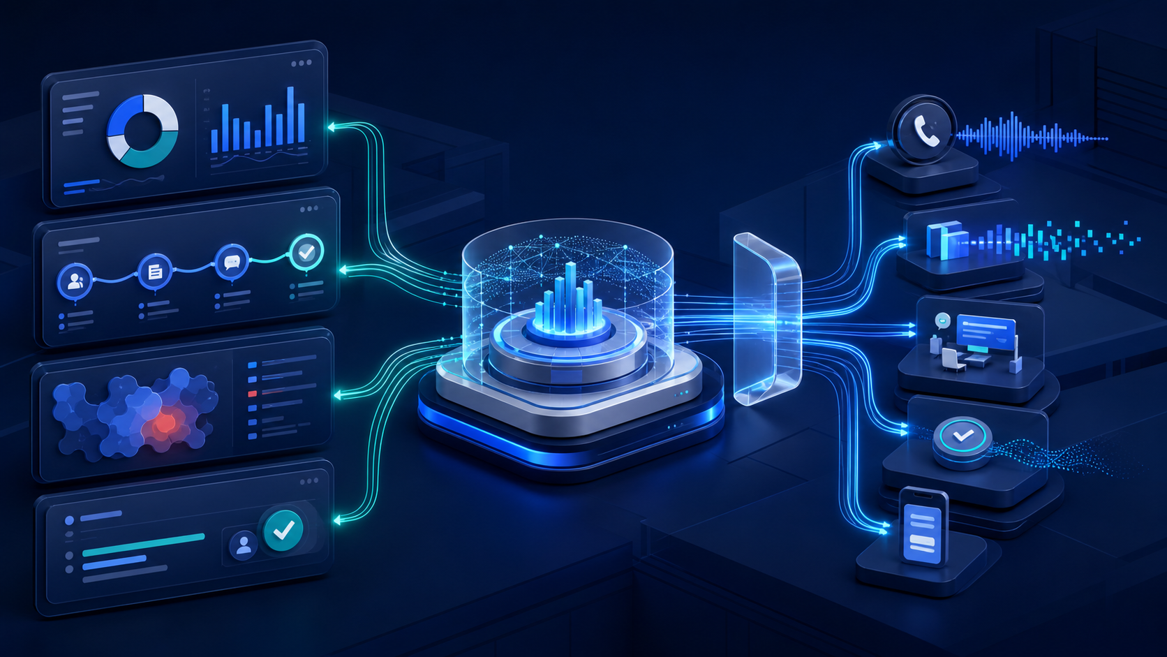 إشارات تشغيلية من Talaphony® وقنوات الخدمة ترتبط بمحرك ذكاء تجربة ثم بلوحات قرار وتحسين