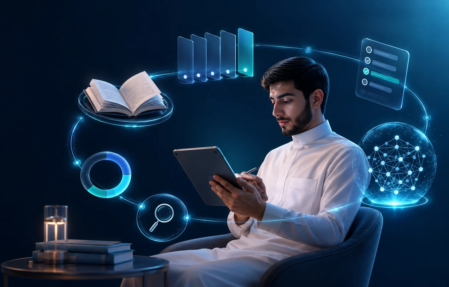 طالب جامعي يتعلم عبر منظومة رقمية تربط الكتب والاختبارات والبحث والذكاء الاصطناعي